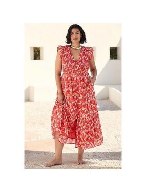 Anthropologie Peregrine Midi Red Floral Sundress with Shirred Bodice